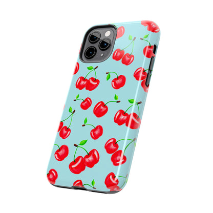 Tossed Red Watercolor Cherries Illustrated Pattern Bright Blue Tough Phone Case | Various Models
