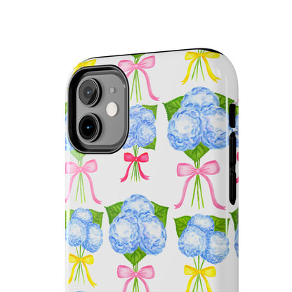 Blue Hydrangeas with Hot Pink, Yellow, Light Pink Bows Watercolor Illustrated Patterned Tough Phone Case | Various Models