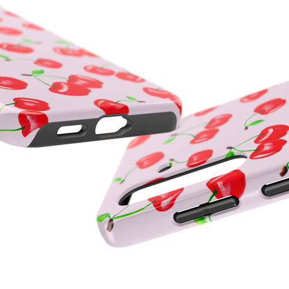 Tossed Red Watercolor Cherries Illustrated Pattern Light Pink Tough Phone Case | Various Models
