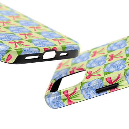 Blue Watercolor Hydrangea Bouquets with Hot Pink Bows Illustrated Patterned Yellow Preppy Grand Millenial Tough Phone Case | Various Models