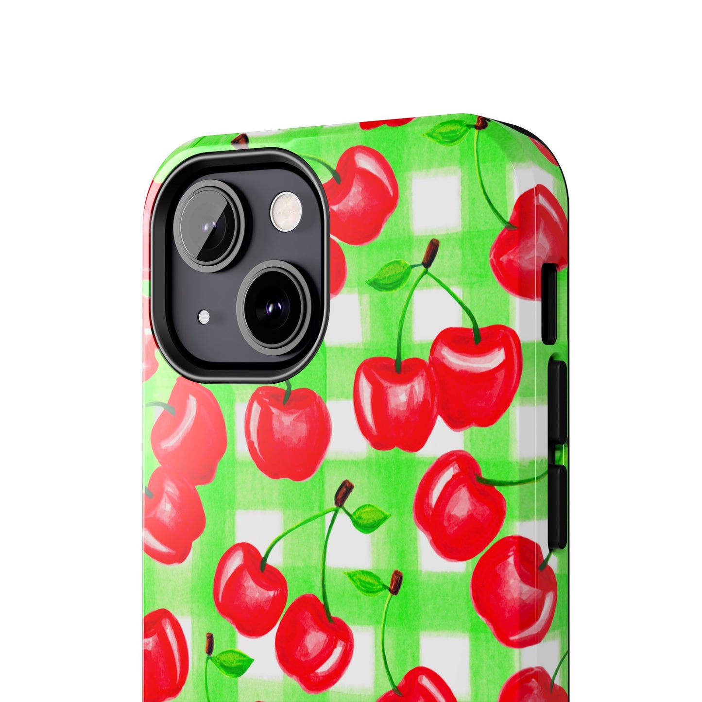Red Tossed Cherries Green Gingham Watercolor Illustrated Tough Phone Case | Various Models Available