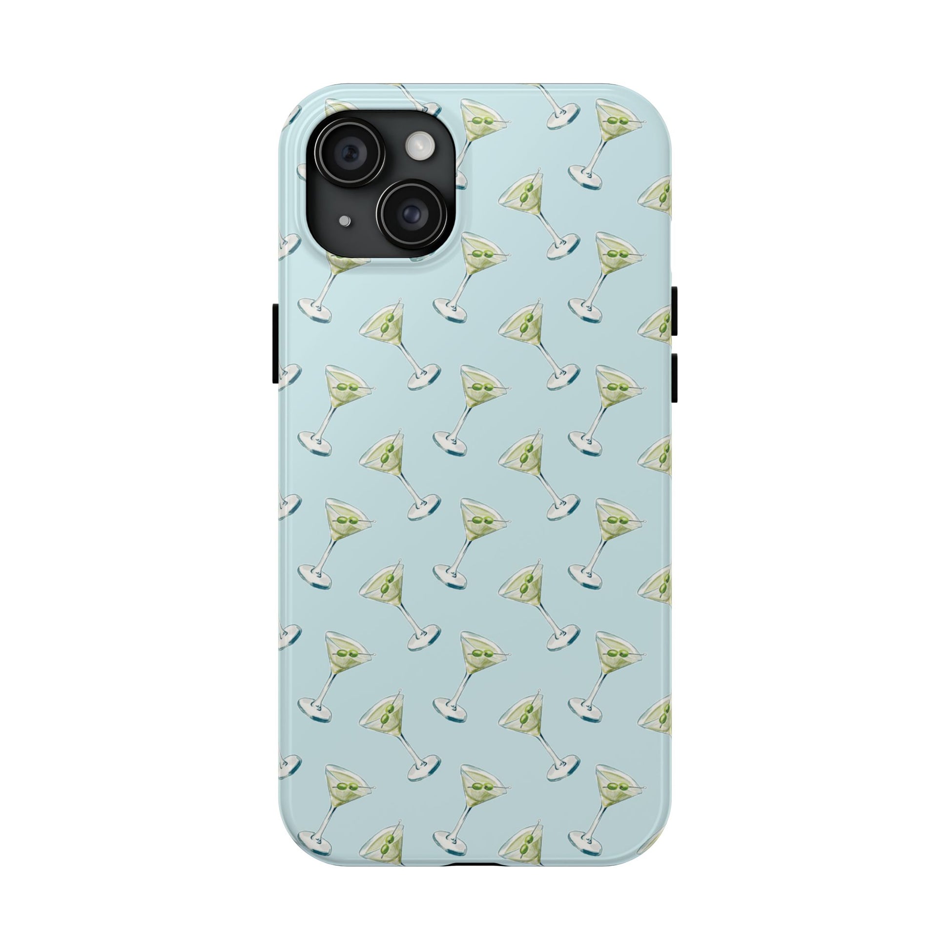 Blue Mini Martini Watercolor Illustrated Tossed Pattern Tough Phone Case | Various Models Available iPhone 15 Plus