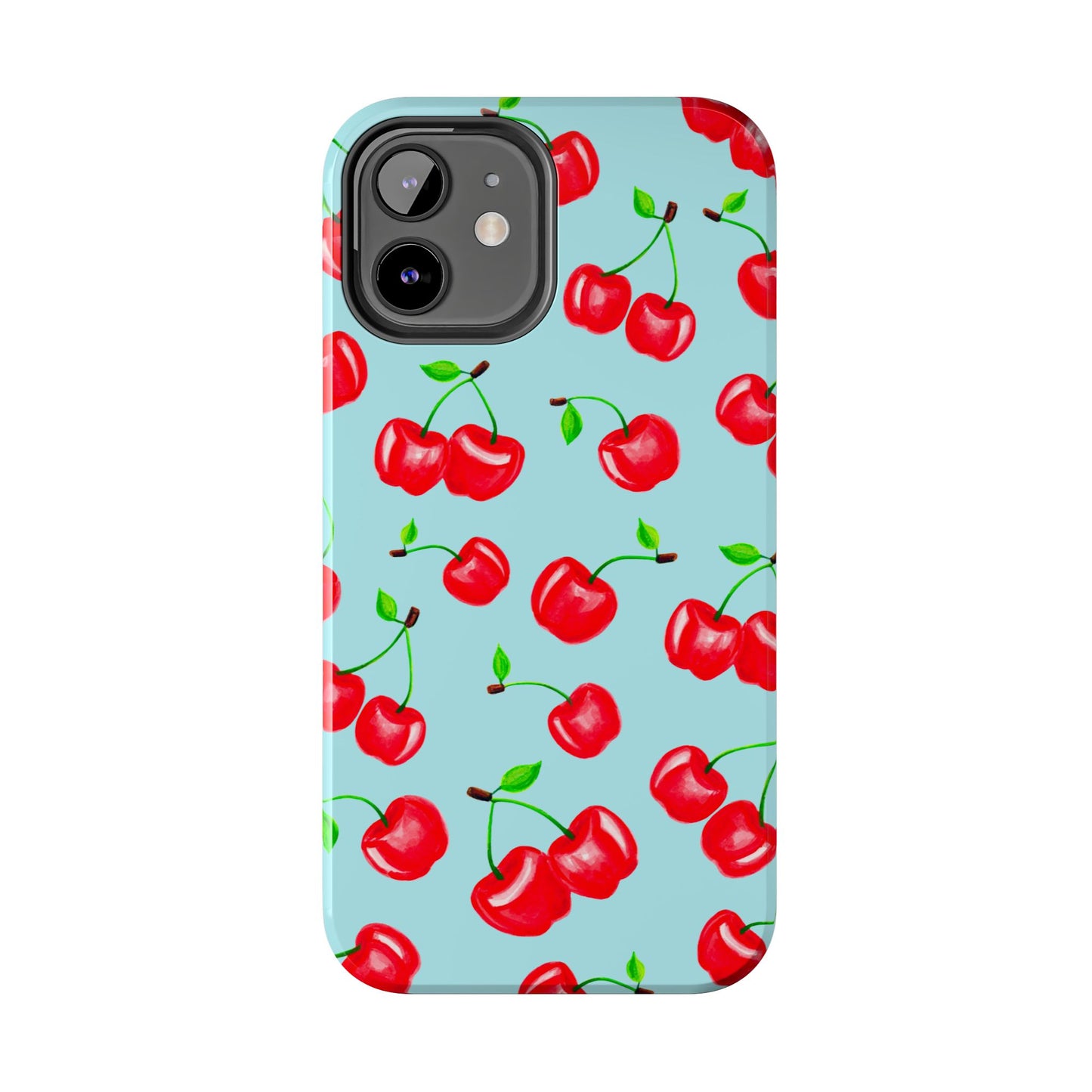 Tossed Red Watercolor Cherries Illustrated Pattern Bright Blue Tough Phone Case | Various Models
