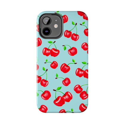 Tossed Red Watercolor Cherries Illustrated Pattern Bright Blue Tough Phone Case | Various Models