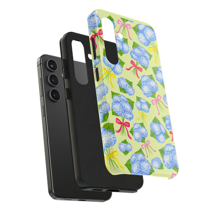 Blue Watercolor Hydrangea Bunches with Hot Pink, Yellow, Light Pink Bows Illustrated Patterned Yellow Tough Phone Case | Various Models