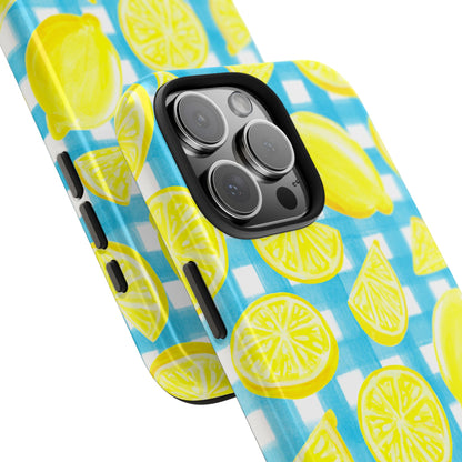 Bright Yellow Lemons Watercolor Illustrated Tossed Pattern Turquoise Gingham Tough Phone Case | Various Models