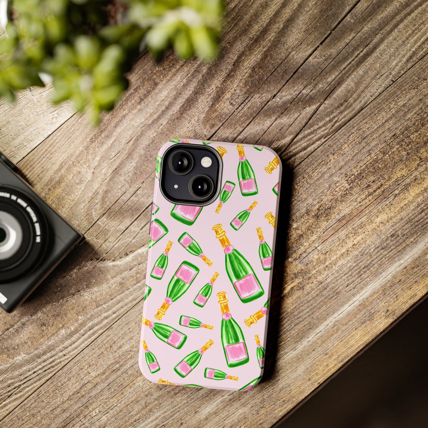 Tossed Pink and Green Watercolor Illustrated Champagne Bottles Pattern Blush Pink Tough Phone Case | Various Models
