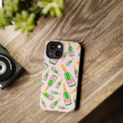 Tossed Pink and Green Watercolor Illustrated Champagne Bottles Pattern Blush Pink Tough Phone Case | Various Models