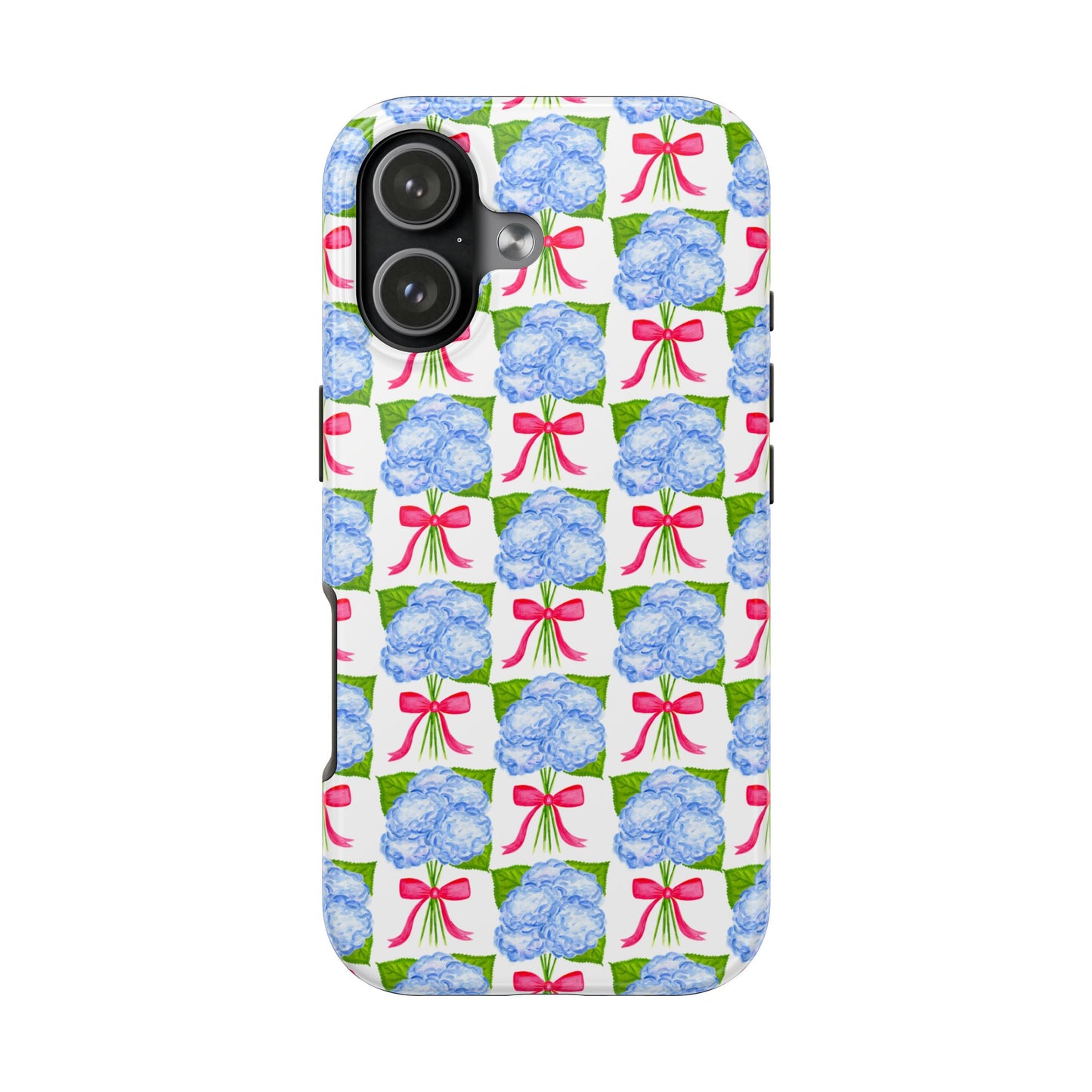 Blue Watercolor Hydrangea Bouquets with Hot Pink Bows Illustrated Patterned Tough Phone Case | Various Models