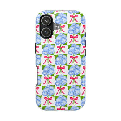 Blue Watercolor Hydrangea Bouquets with Hot Pink Bows Illustrated Patterned Tough Phone Case | Various Models