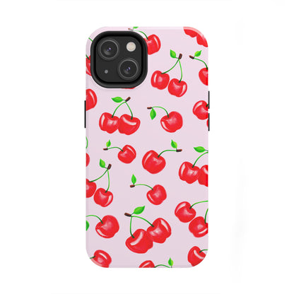 Tossed Red Watercolor Cherries Illustrated Pattern Light Pink Tough Phone Case | Various Models