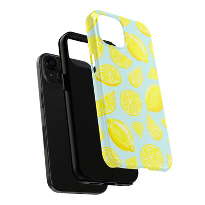 Bright Yellow Lemons Watercolor Illustrated Tossed Pattern Light Blue Tough Phone Case | Various Models