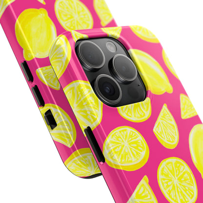 Bright Yellow Lemons Watercolor Illustrated Tossed Pattern Watermelon Pink Tough Phone Case | Various Models