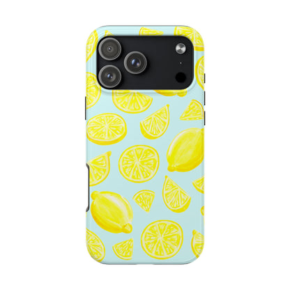 Bright Yellow Lemons Watercolor Illustrated Tossed Pattern Light Blue Tough Phone Case | Various Models
