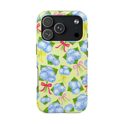 Blue Watercolor Hydrangea Bunches with Hot Pink, Yellow, Light Pink Bows Illustrated Patterned Yellow Tough Phone Case | Various Models