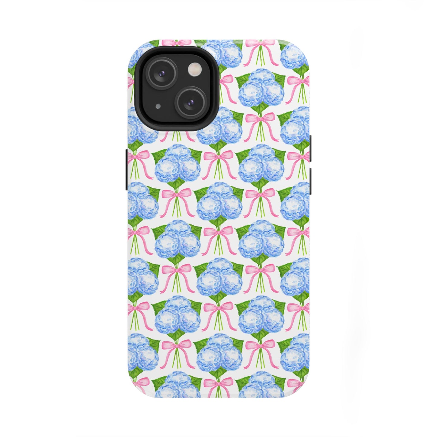 Blue Watercolor Hydrangea Bouqets with Light Pink Bows Watercolor Illustrated Patterned Tough Phone Case | Various Models