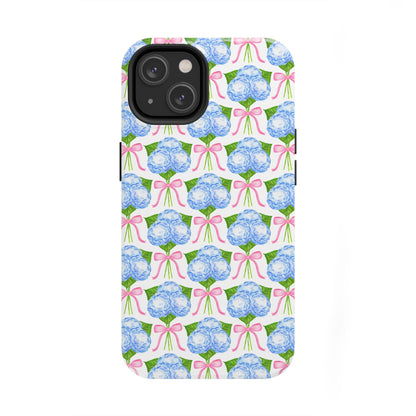 Blue Watercolor Hydrangea Bouqets with Light Pink Bows Watercolor Illustrated Patterned Tough Phone Case | Various Models