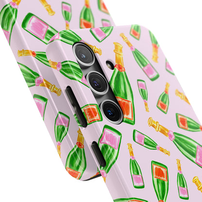 Tossed Pink and Green & Orange and Green Watercolor Illustrated Champagne Bottles Pattern Blush Pink Tough Phone Case | Various Models