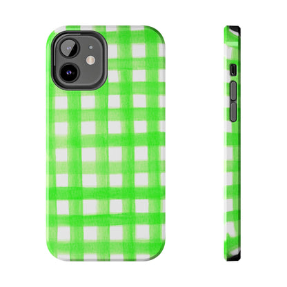 Lime Green Gingham Watercolor Illustrated Tough Phone Case | Various Models Available
