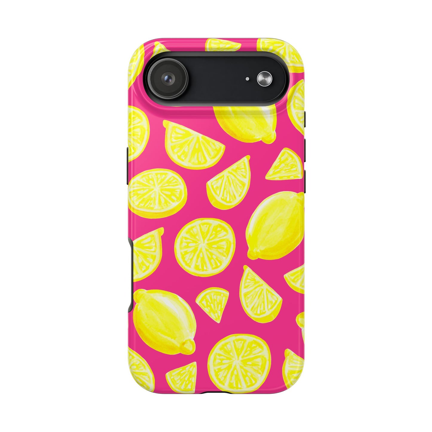 Bright Yellow Lemons Watercolor Illustrated Tossed Pattern Watermelon Pink Tough Phone Case | Various Models