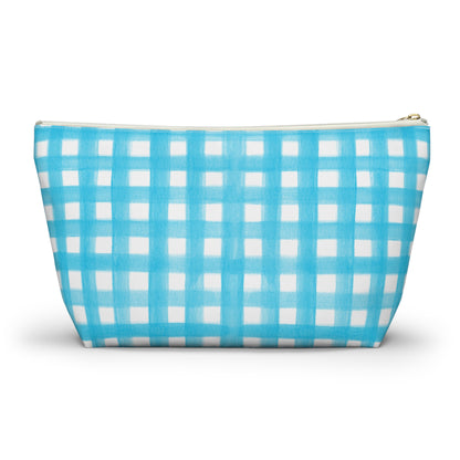 Turquoise Gingham Watercolor Illustrated Printed Accessory Pouch T-Bottom | Large or Small