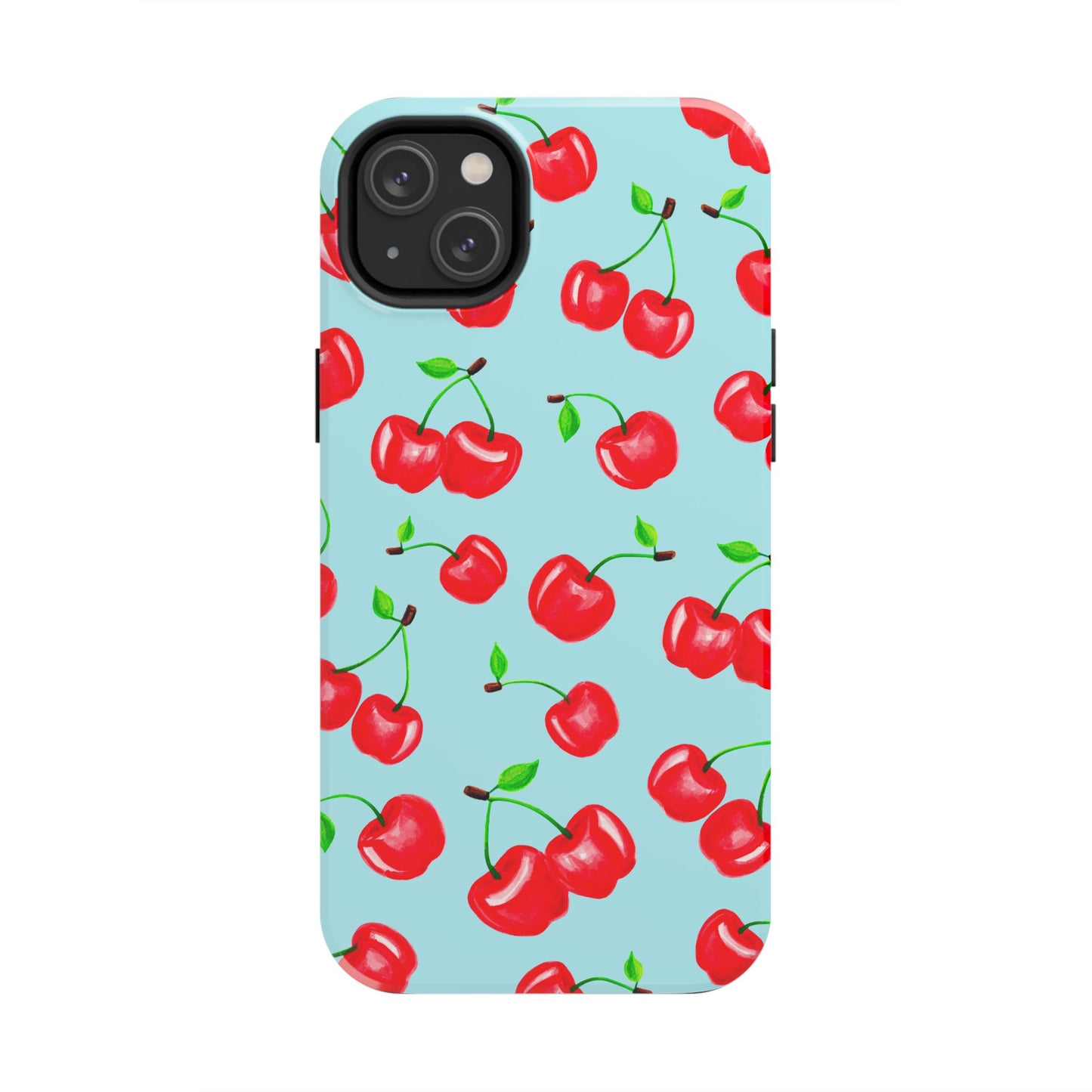 Tossed Red Watercolor Cherries Illustrated Pattern Bright Blue Tough Phone Case | Various Models