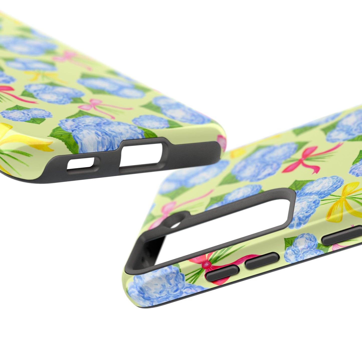 Blue Watercolor Hydrangea Bunches with Hot Pink, Yellow, Light Pink Bows Illustrated Patterned Yellow Tough Phone Case | Various Models