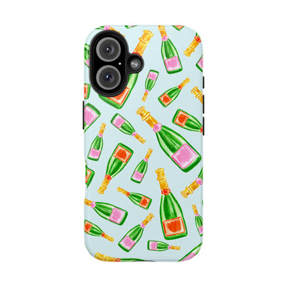 Tossed Pink and Green & Orange and Green Watercolor Illustrated Champagne Bottles Pattern Light Blue Tough Phone Case | Various Models