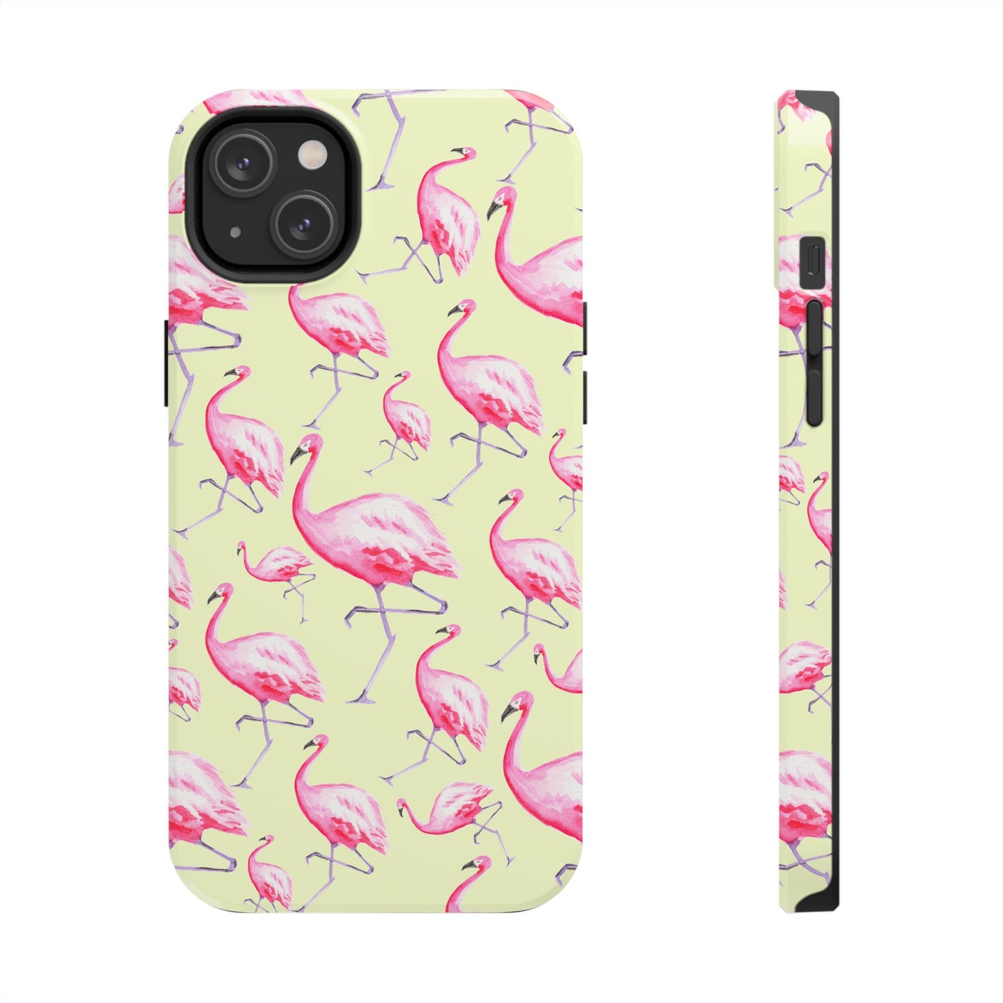 Pink Flamingos Watercolor Illustrated Tossed Pattern Yellow Phone Case | Various Models iPhone 14 Plus