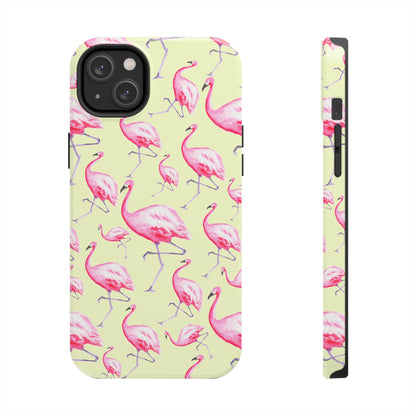 Pink Flamingos Watercolor Illustrated Tossed Pattern Yellow Phone Case | Various Models iPhone 14 Plus