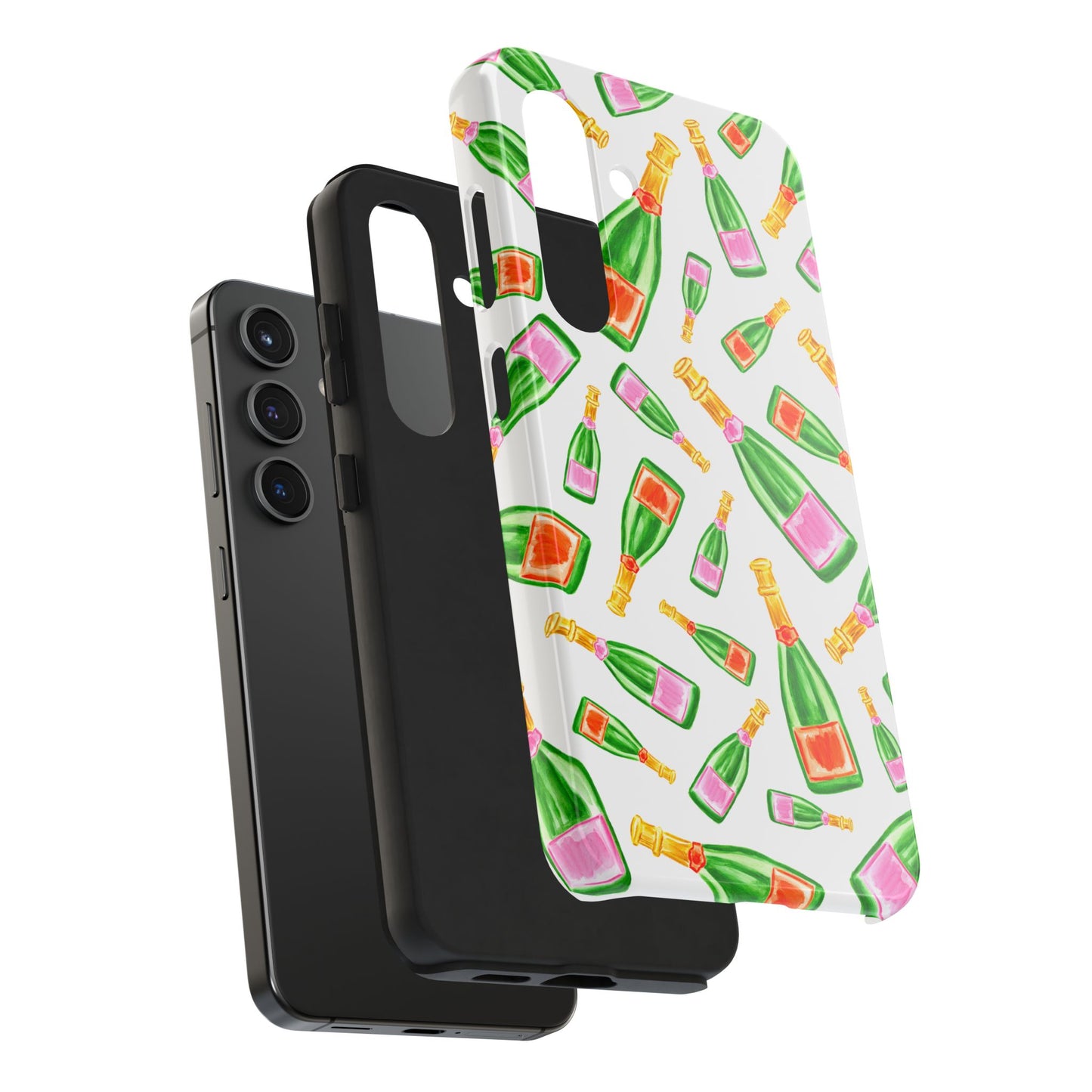 Tossed Pink and Green & Orange and Green Watercolor Illustrated Champagne Bottles Pattern Tough Phone Case | Various Models