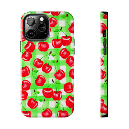 Red Tossed Cherries Green Gingham Watercolor Illustrated Tough Phone Case | Various Models Available