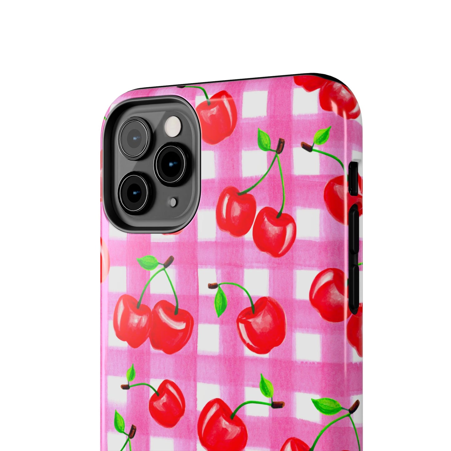 Tossed Red Watercolor Cherries Illustrated Pattern Light Pink Gingham Tough Phone Case | Various Models