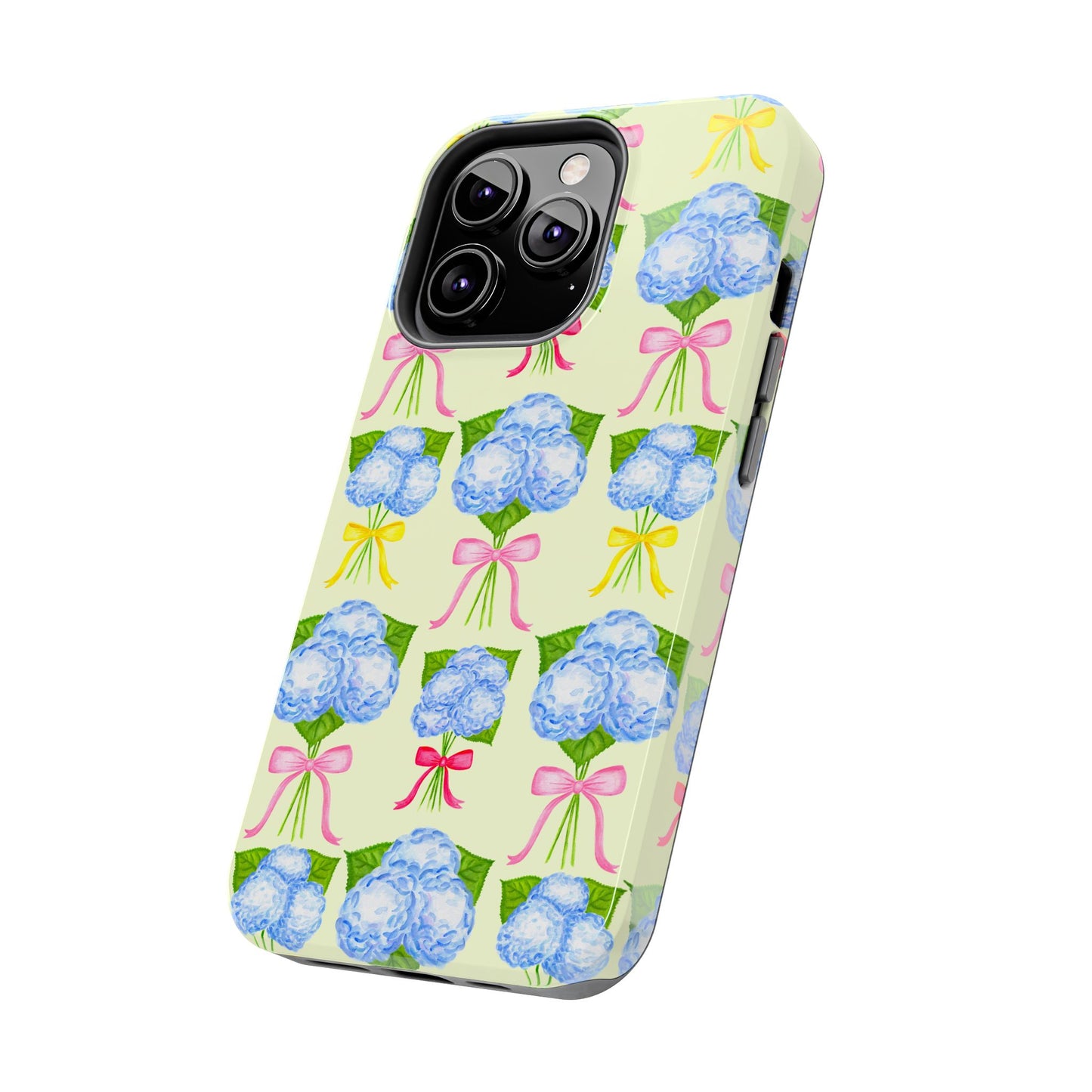 Blue Hydrangeas with Hot Pink, Yellow, Light Pink Bows Watercolor Illustrated Patterned Light Yellow Tough Phone Case | Various Models
