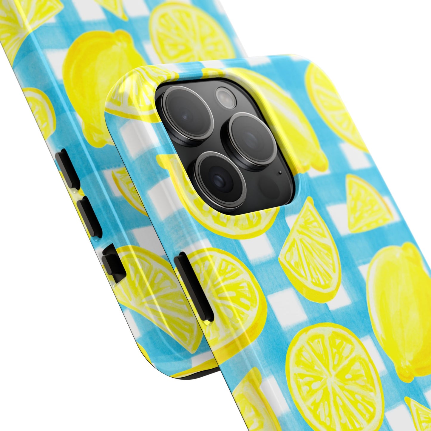 Yellow Lemons & Turquoise Gingham Watercolor Illustrated Tough Phone Case | Various Models Available