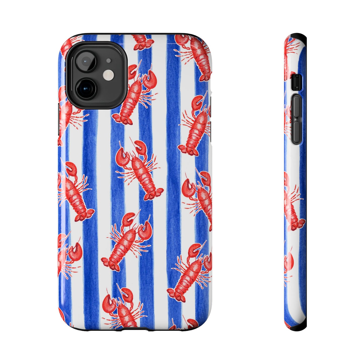 Blue & White Strip Red Lobster Watercolor Patterned Phone Case | Various Models iPhone 11