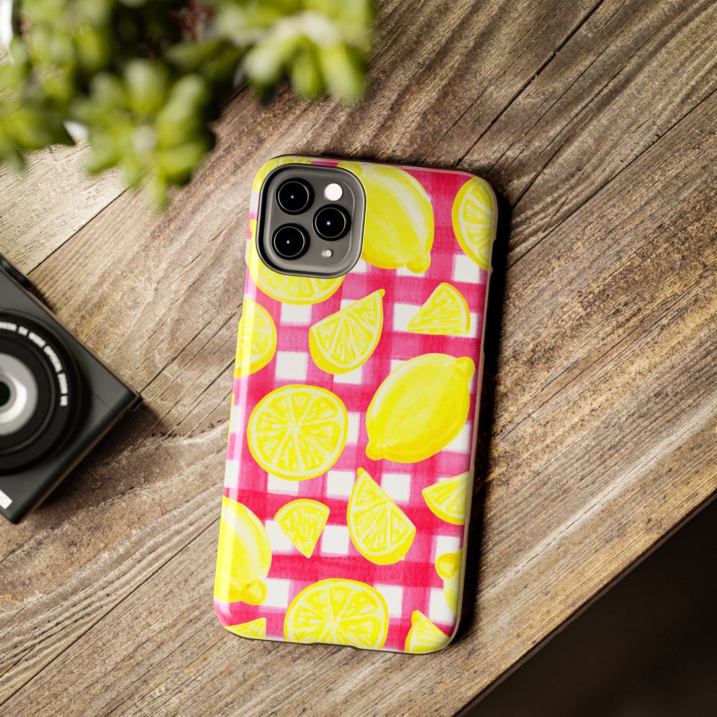 Yellow Lemons & Hot Pink Gingham Watercolor Illustrated Tough Phone Case | Various Models Available