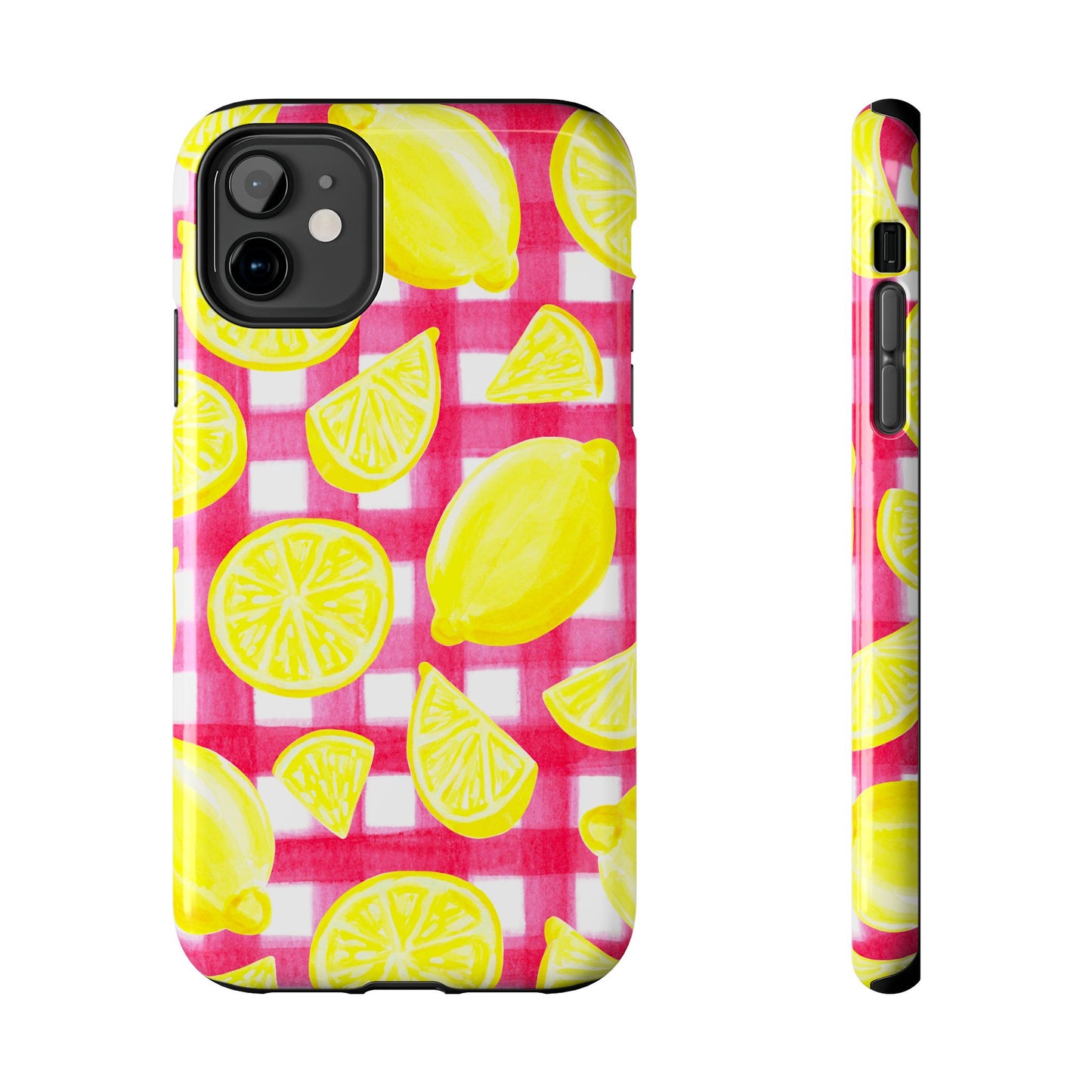 Yellow Lemons & Hot Pink Gingham Watercolor Illustrated Tough Phone Case | Various Models Available