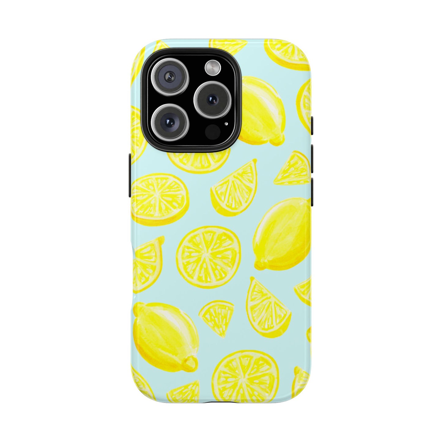 Bright Yellow Lemons Watercolor Illustrated Tossed Pattern Light Blue Tough Phone Case | Various Models