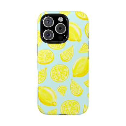 Bright Yellow Lemons Watercolor Illustrated Tossed Pattern Light Blue Tough Phone Case | Various Models