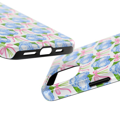 Blue Watercolor Hydrangea Bouqets with Light Pink Bows Watercolor Illustrated Patterned Tough Phone Case | Various Models