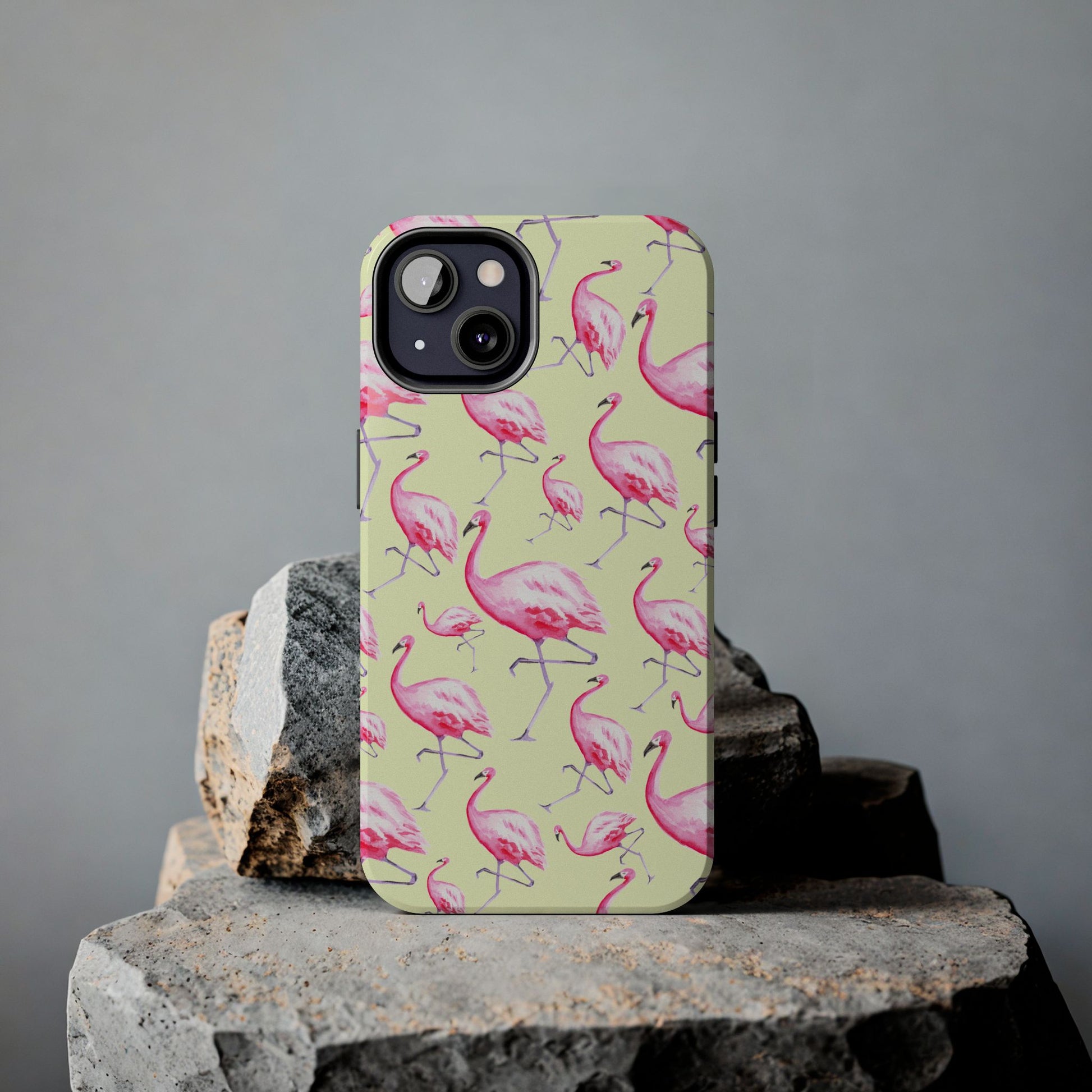 Pink Flamingos Watercolor Illustrated Tossed Pattern Yellow Phone Case | Various Models
