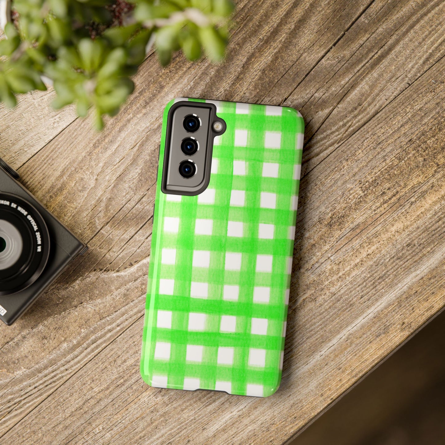 Lime Green Gingham Watercolor Illustrated Tough Phone Case | Various Models Available
