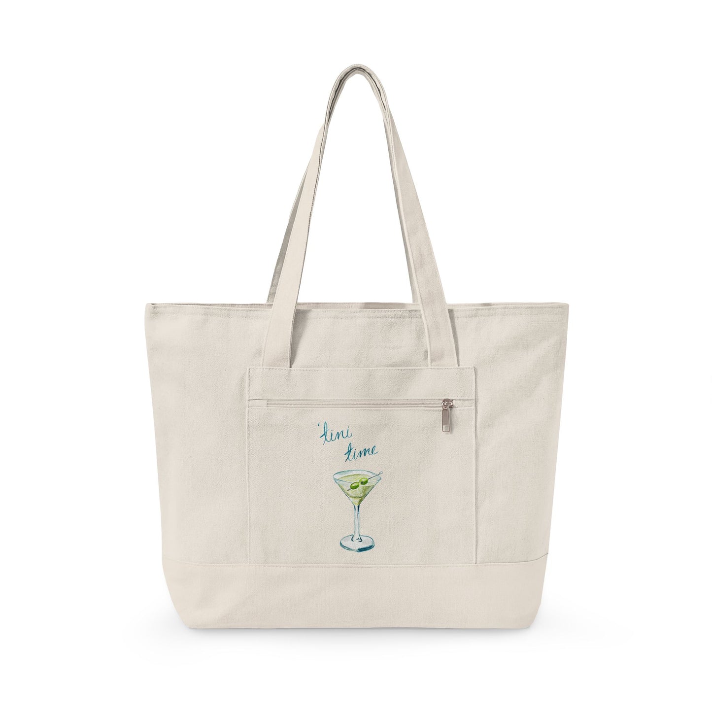 "'Tini Time" Blue Green Watercolor Martini Printed Zippered Canvas Tote 18" x 14" | Various Colors 18" x 14" x 4.5" Natural