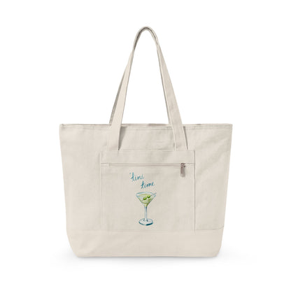 "'Tini Time" Blue Green Watercolor Martini Printed Zippered Canvas Tote 18" x 14" | Various Colors 18" x 14" x 4.5" Natural