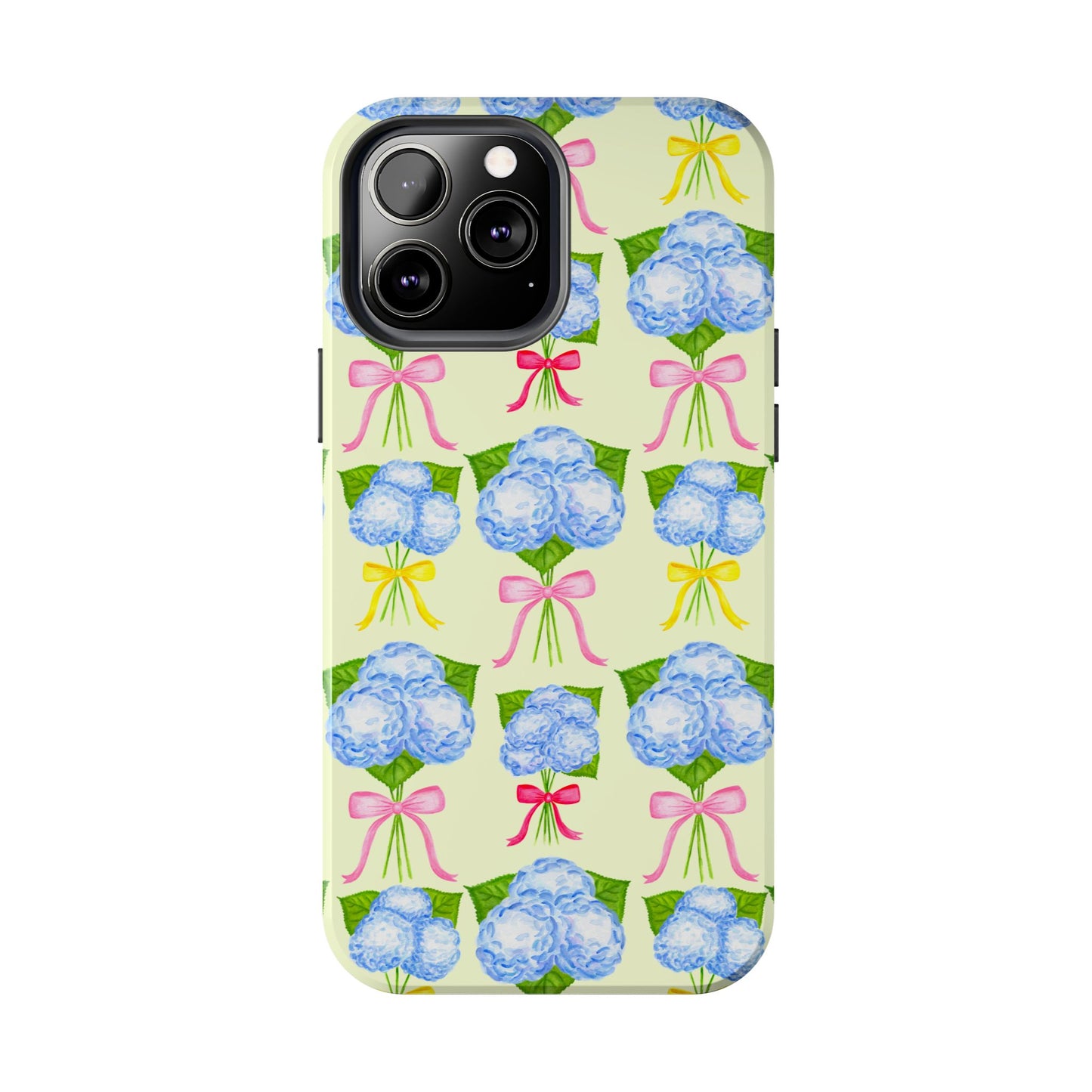 Blue Hydrangeas with Hot Pink, Yellow, Light Pink Bows Watercolor Illustrated Patterned Light Yellow Tough Phone Case | Various Models