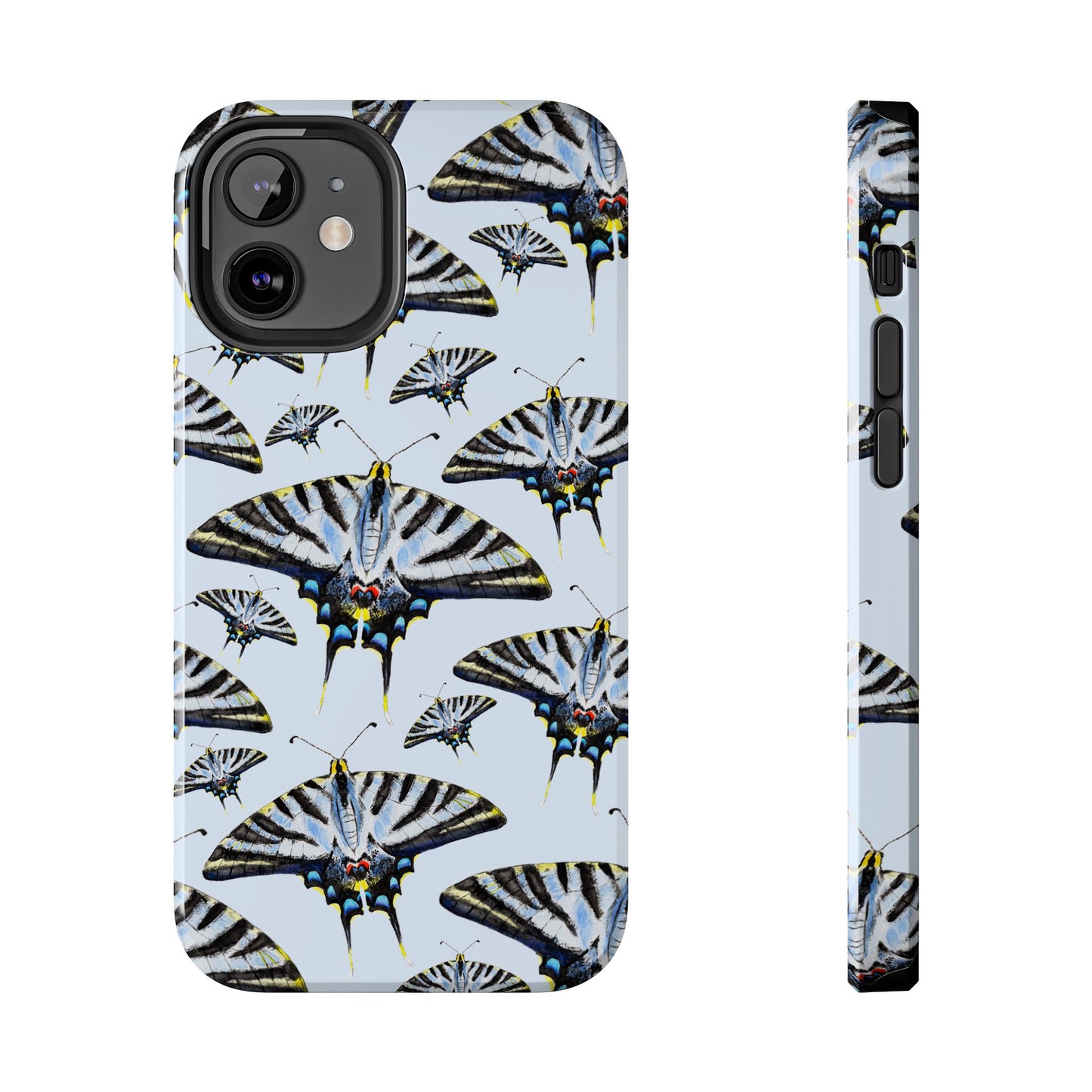Light Blue Swallowtail Butterflies Watercolor Illustrated Pale Blue Tough Phone Case | Various Models iPhone 12 Mini