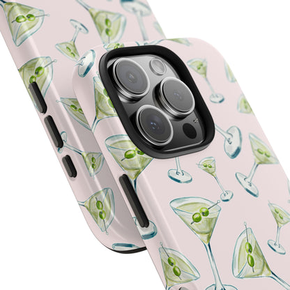 Watercolor Blue and Green Martinis Tossed Illustrated Pattern Blush Pink Tough Phone Case | Various Models