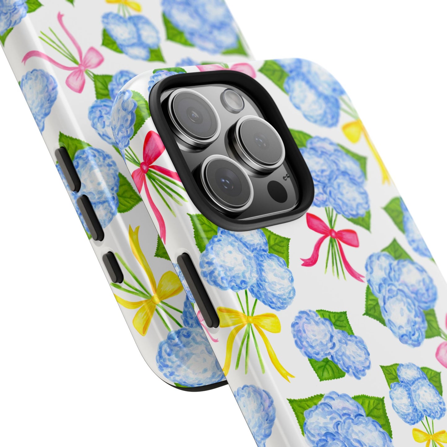 Blue Watercolor Hydrangea Bunches with Hot Pink, Yellow, Light Pink Bows Illustrated Patterned Tough Phone Case | Various Models