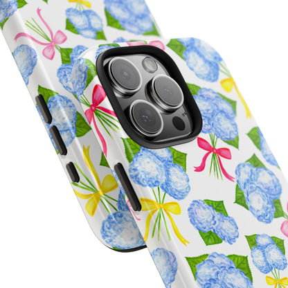 Blue Watercolor Hydrangea Bunches with Hot Pink, Yellow, Light Pink Bows Illustrated Patterned Tough Phone Case | Various Models